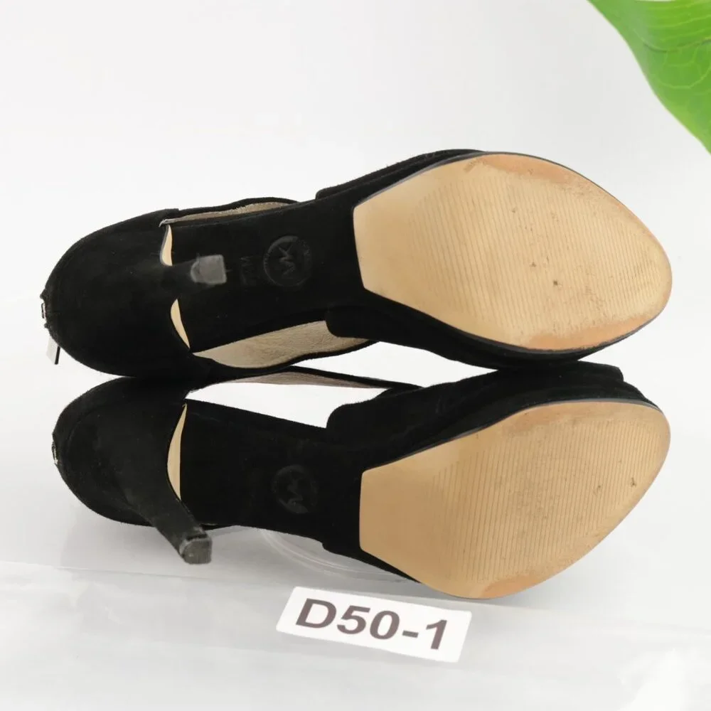 Michael Kors Women Elena Sandal Size 7.5 Black Suede Platform Heel Peep Toe Shoe